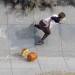 Mitch Haight slicing pumpkins..